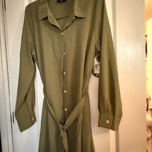 Elegant Olive Green Shirt Dress